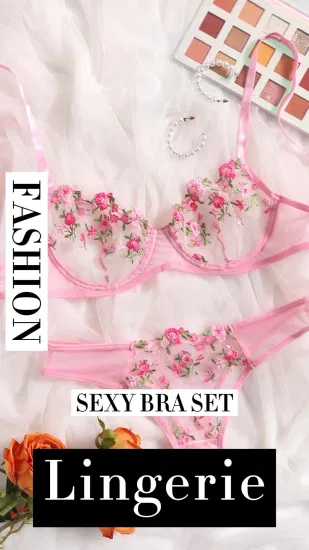 Lenceria Extreme Sex Dessous Lencería Damas con aros de malla Ropa interior de mujer Brassier Conjunto de sujetador bordado floral Lencería sexy para mujer